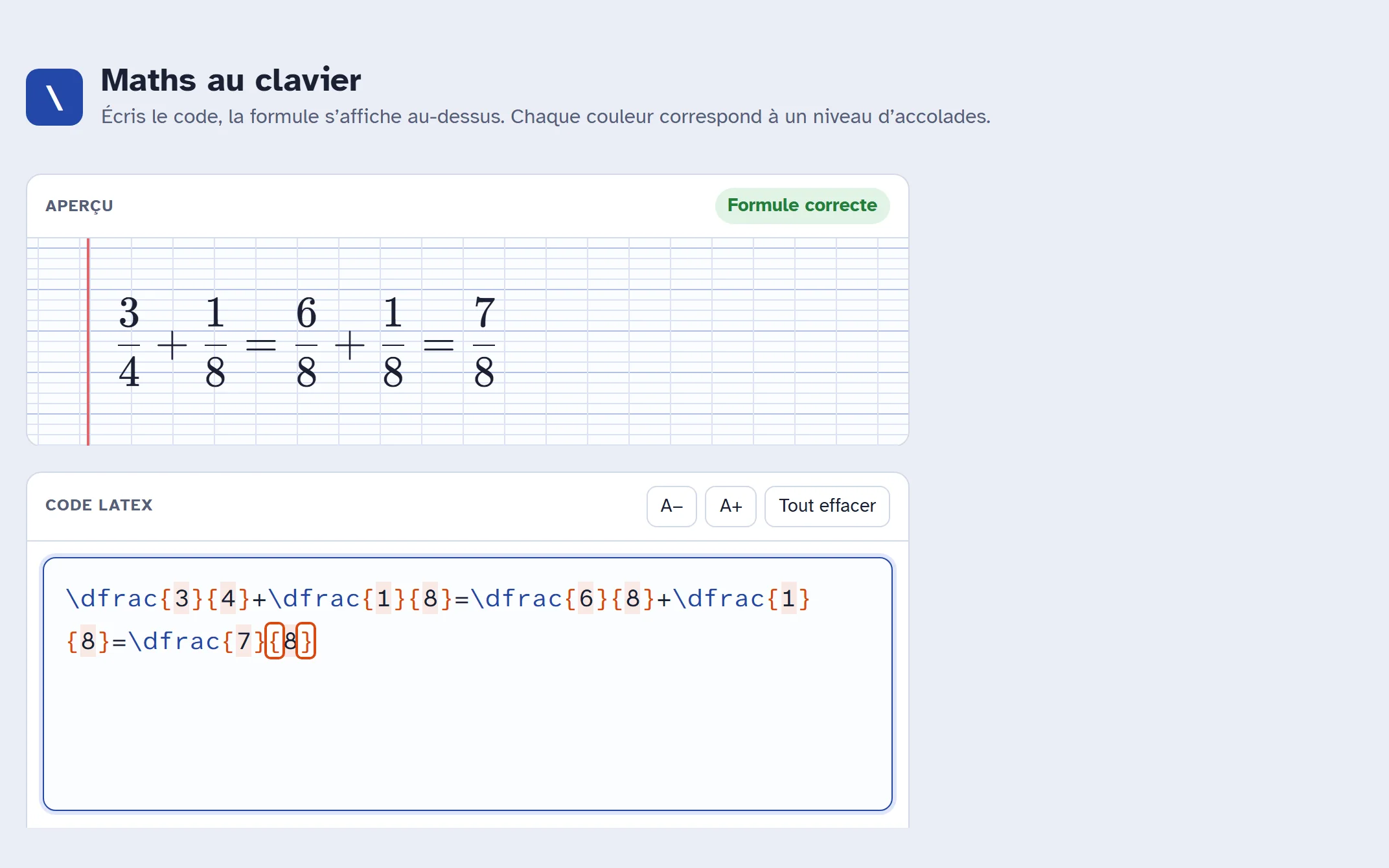 Capture d’écran de Maths au clavier : une formule saisie dans l’éditeur et son affichage sur papier quadrillé.